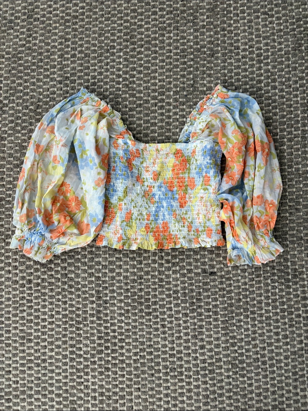 Billabong Smocked Floral Puff Sleeve Crop Top - Blue & Orange